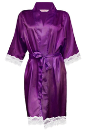 BLANK SATIN ROBE WITH WHITE LACE TRIM