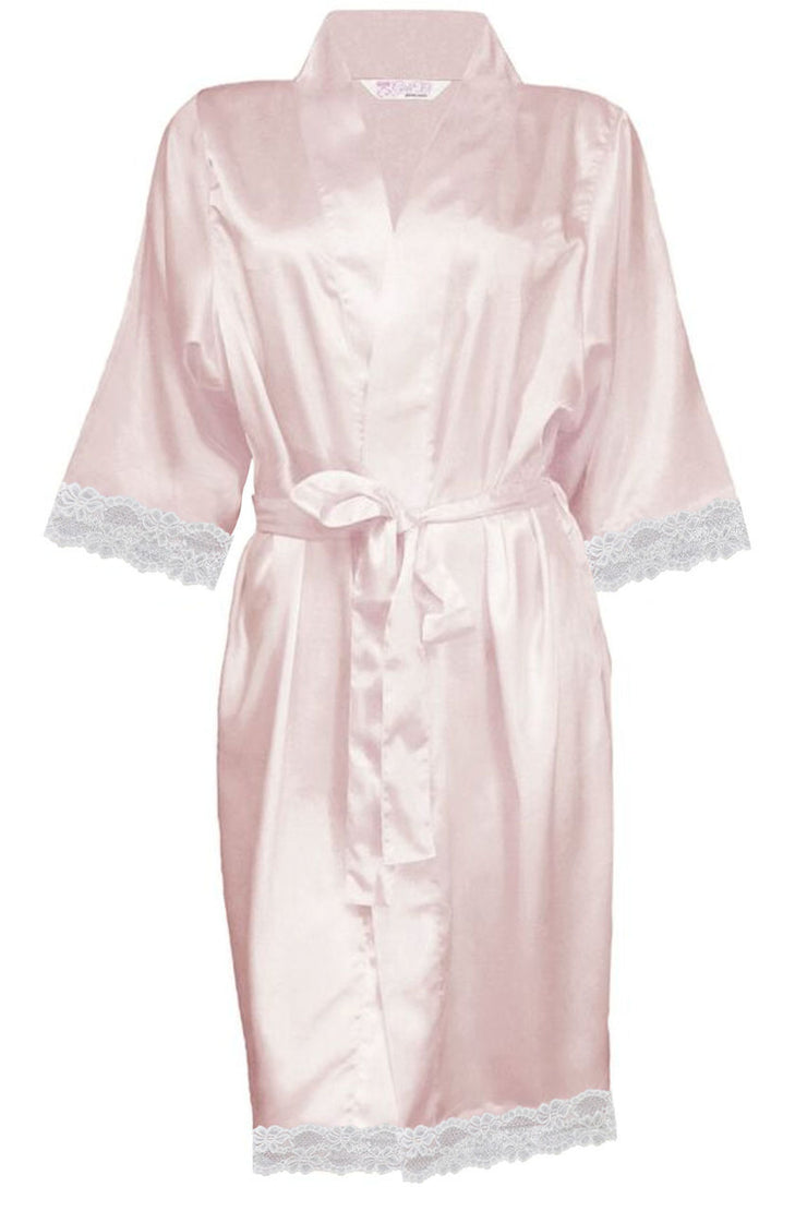BLANK SATIN ROBE WITH WHITE LACE TRIM